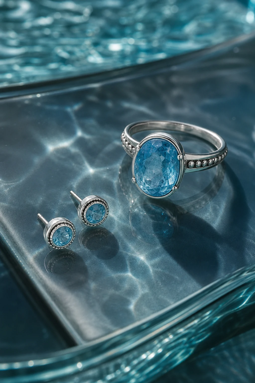 Natural blue gemstone ring and earrings in sterling silver under water-reflected light