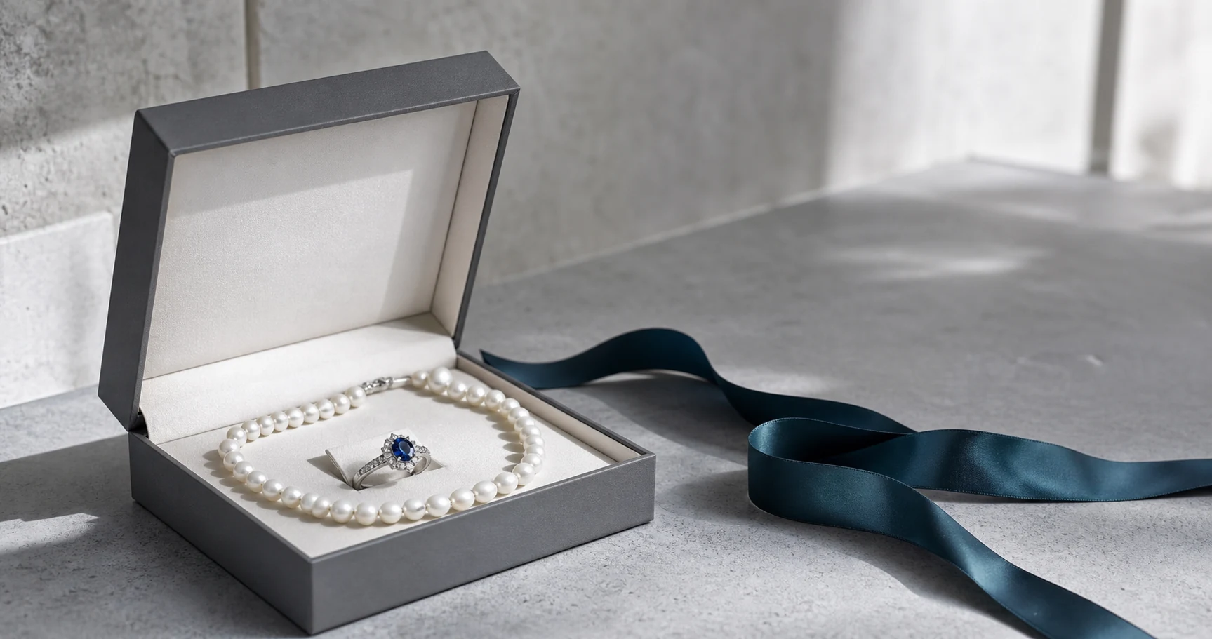 Freshwater pearl necklace and blue gemstone ring presented in a cool gray jewelry box