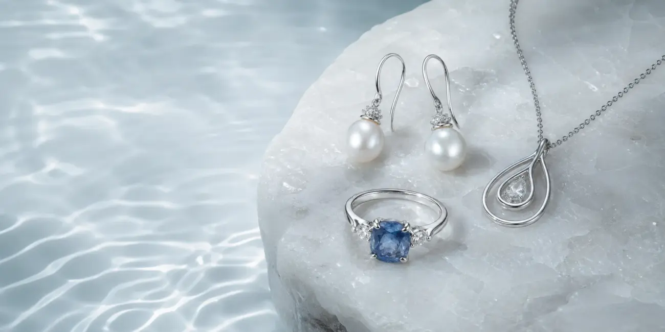 Freshwater pearl earrings, blue gemstone ring, and silver necklace arranged on pearl-white stone