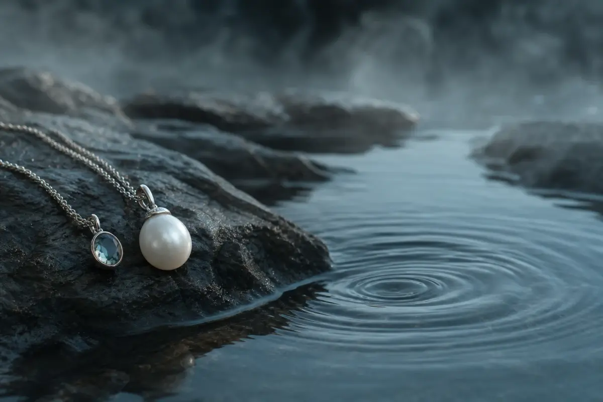 Pearl and blue gemstone pendants beside a quiet ripple on dark coastal stone