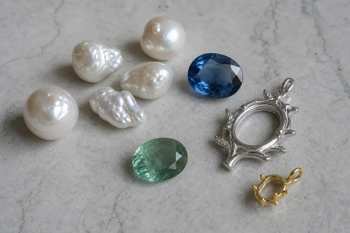 Freshwater cultured pearls, blue and green gemstones, sterling silver, and gold settings
