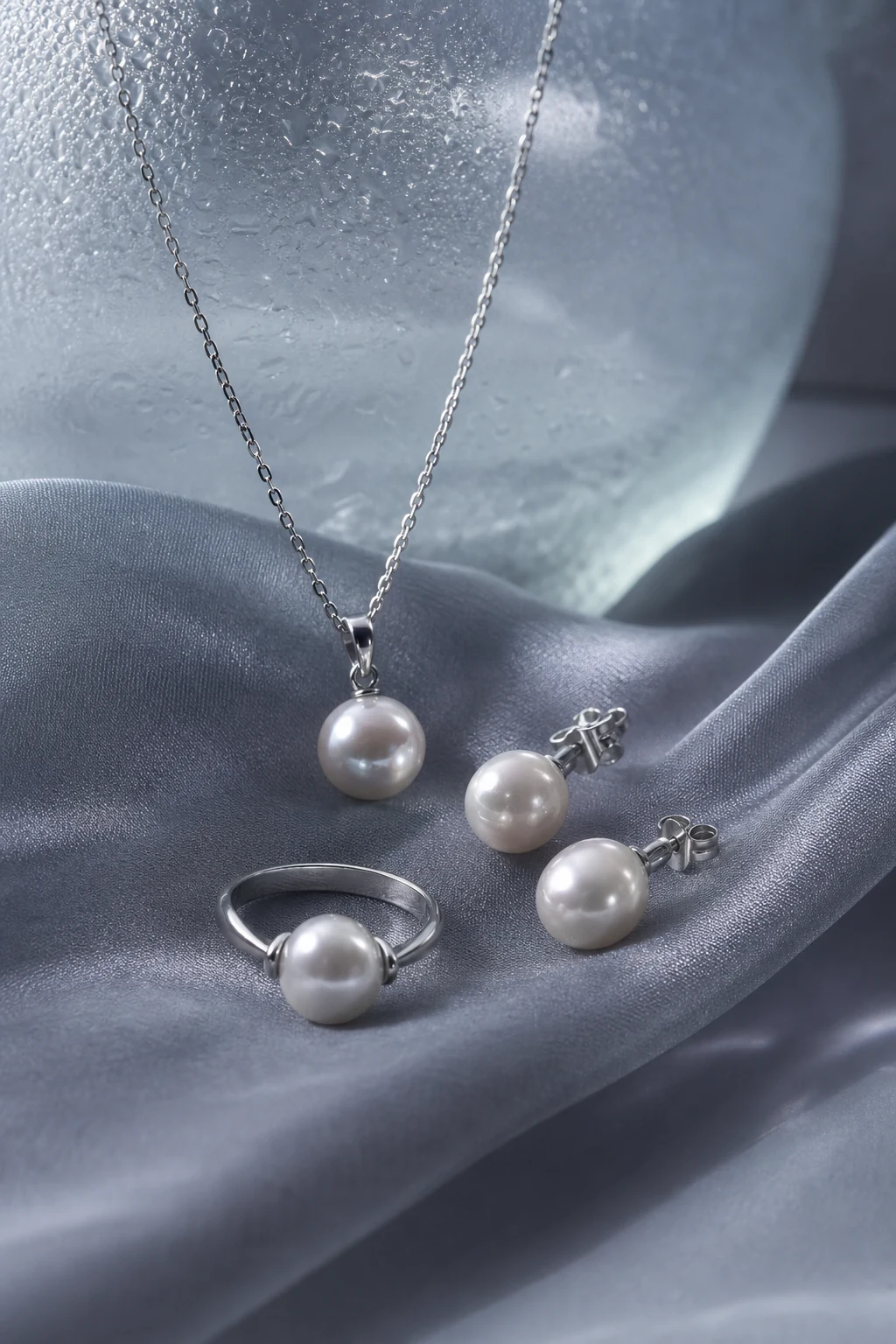 Freshwater pearl necklace, earrings, and ring resting on cool gray silk